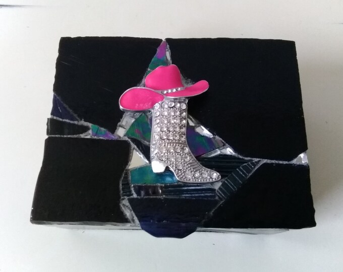 Mosaic Black Stained Glass and Mirror Jewelry, Keepsake, Ring, Box With a Silver Plated, Enamel and Rhinestone  Western Boot and Hat on Top