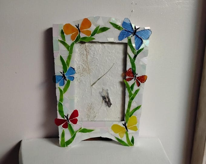 Mosaic Stained Glass Multi-Colored Butterfly 4 x 6 Inch Tabletop or Hanging Vertical Frame with Glass
