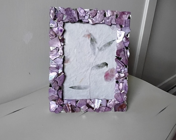 Mosaic Purple/Lavender-Stained Abalone Shell and Mirror Vertical or Horizontal, Tabletop or Hanging 5 x 7-inch Wood Frame with Glass