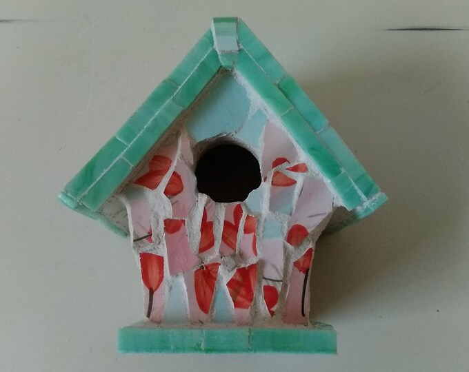 Red, Pink and Blue Floral Dinnerware Indoor or Outdoor, Hanging or Standing Birdhouse