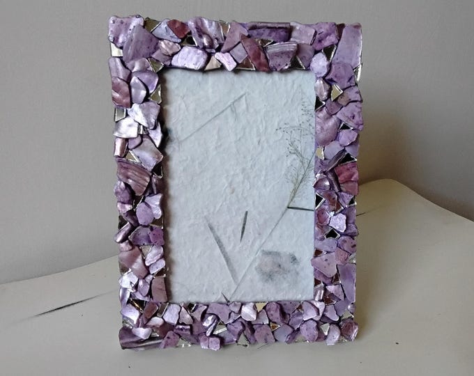 Purple Lavender-Stained Abalone Shell and Mirror Vertical or Horizontal, Hanging or Tabletop, 4 x 6-inch Frame with Glass