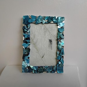 Stained Blue Abalone Shell and Mirror Vertical or Horizontal, Hanging or Tabletop, 4 x 6-inch Frame with Glass
