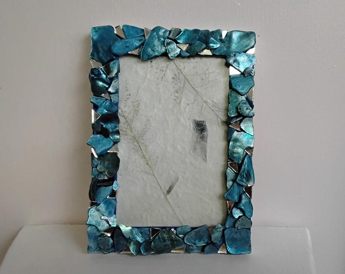 Stained Blue Abalone Shell and Mirror Vertical or Horizontal, Hanging or Tabletop, 4 x 6-inch Frame with Glass
