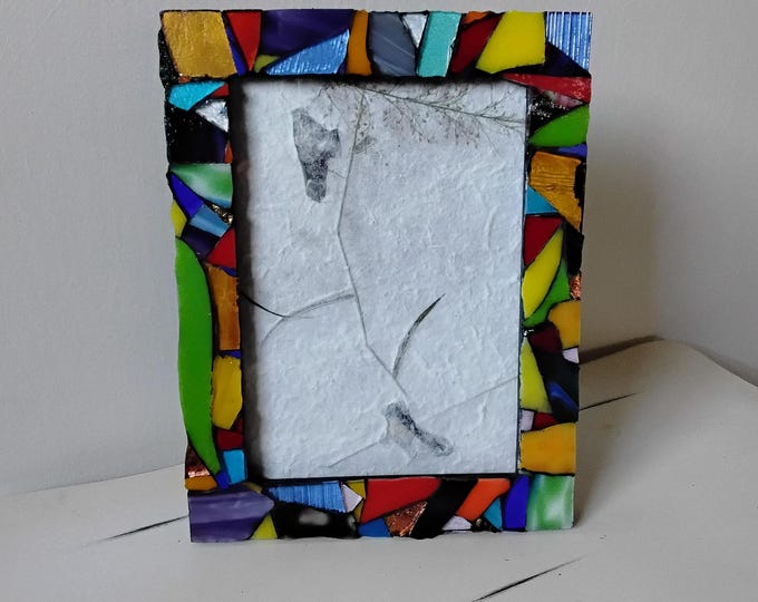 Handcrafted Mosaic Multi-Colored Stained and Art Glass Hanging or Standing, Horizontal or Vertical 5 x 7 inch Frame with Glass