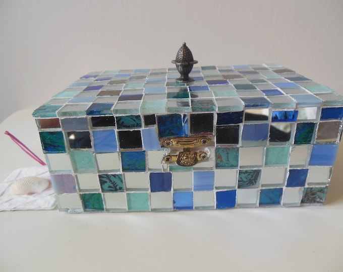 Sparkling Blue Mosaic Stained Glass and Mirror Checkerboard Large, Rectangle, Hinged Jewelry, Trinket,Keepsake,Gift Box