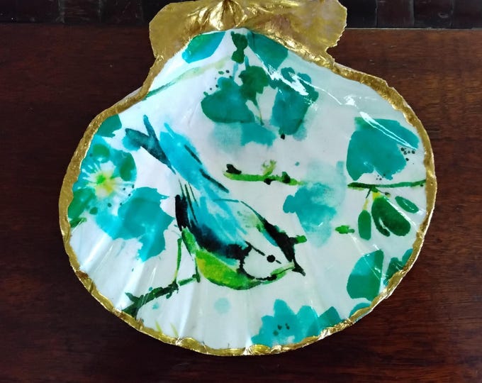 Blue and Green Bird and Flowered, Lacquered Extra Large Clam Shell Gathering Dish, Keepsake, Jewelry, Trinket, Rings, Keys, Key Faub,  Etc
