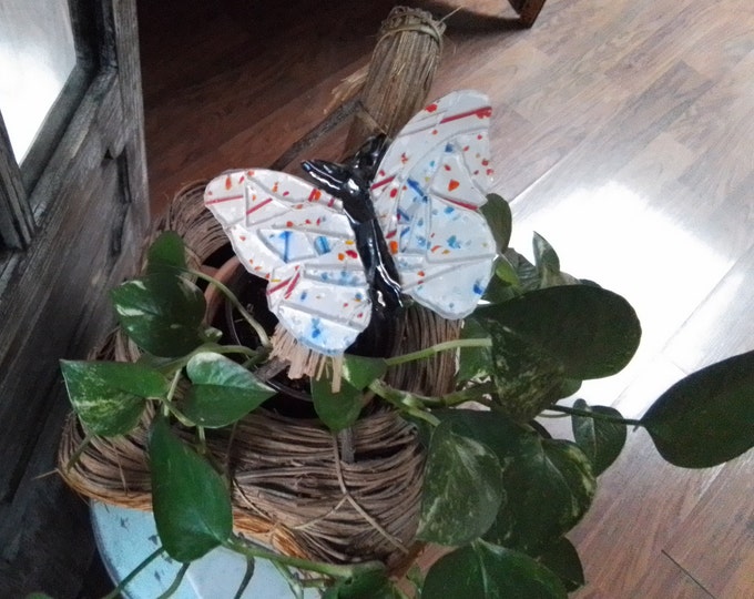 One Mosaic Red, White and Blue Fused Stained and Art Glass Multi Position Hanging or Standing Small Butterfly