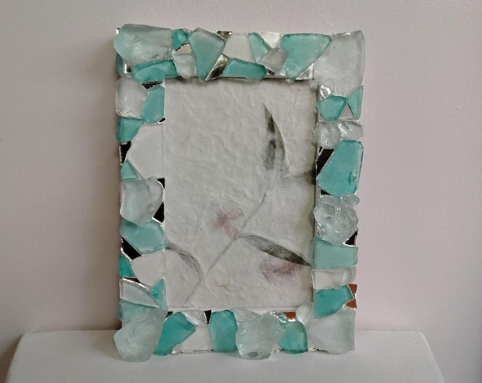 Handcrafted Mosaic Teal and Clear Sea Glass and Mirror 4-inch x 6-inch Hanging or Standing, Vertical or Horizontal Wood Frame with Glass
