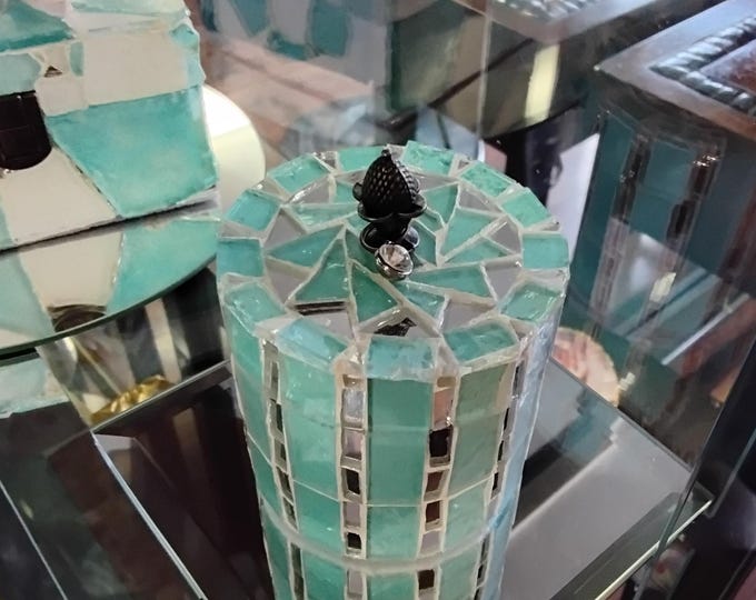 Mosaic Sparkling Blue Glass Tiled and Mirror Round Jewelry, Trinket, Keepsake, Ring Box with a Rhinestone Charm