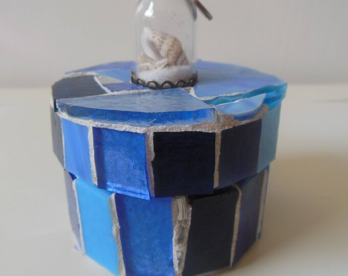 The Beach In a Cloche Multi Blue Stained Glass and Mirror Small Round Trinket, Jewelry, Gift, Ring box With Dome of, Sand, and Shells Inside