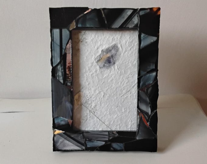 Mosaic Black Stained Glass and Mirror Vertical or Horizontal, Hanging or Tabletop, 4 x 6-inch Frame with Glass