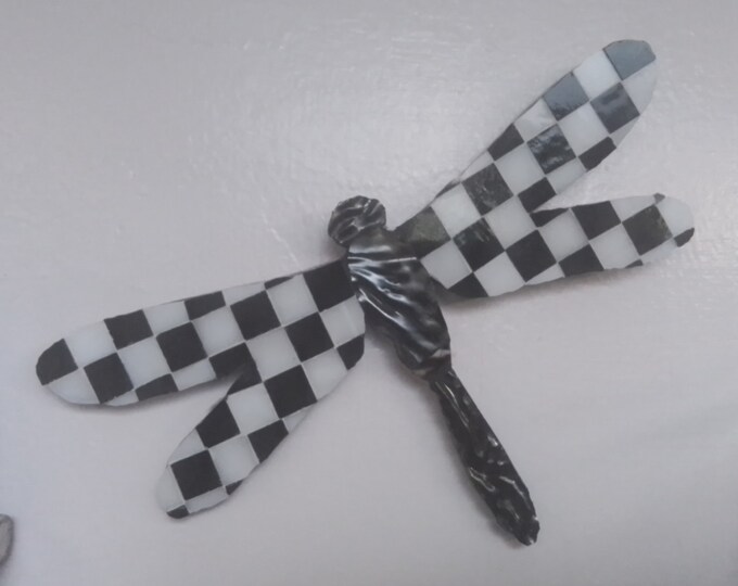 Mosaic Stained and Granite Art Glass Black and White Checkerboard Large Hanging Dragonfly