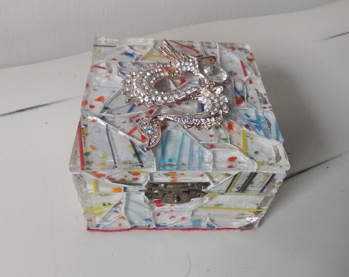Multi-Colored Mosaic Fused Stained Glass Jewelry, Trinket, Keepsake, Gift, Ring Box With a Gold Plated and Rhinestone Dragon on Top