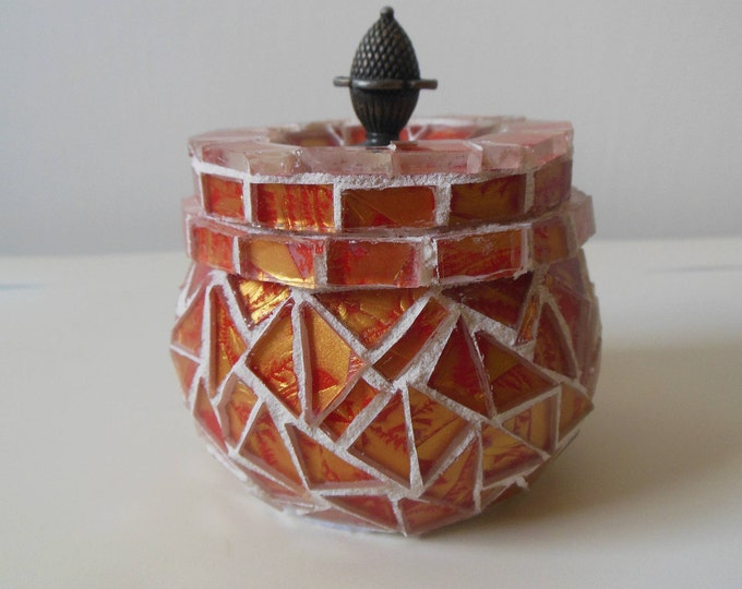 Orange and Gold Van Gogh Glass Tile Mosaic "Honey Pot" Rounded Trinket, Jewelry, Gift Box with  Metal  Finial/Handle