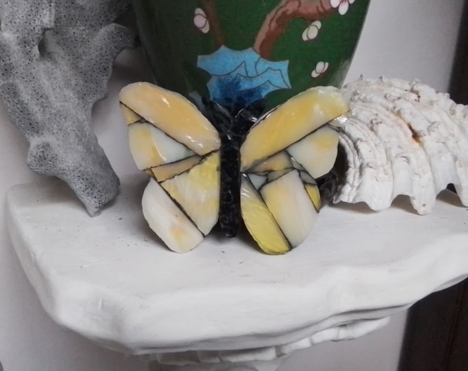 One Small Mosaic Yellow and Black Stained and Art Glass Multi Position Hanging or Standing Butterfly