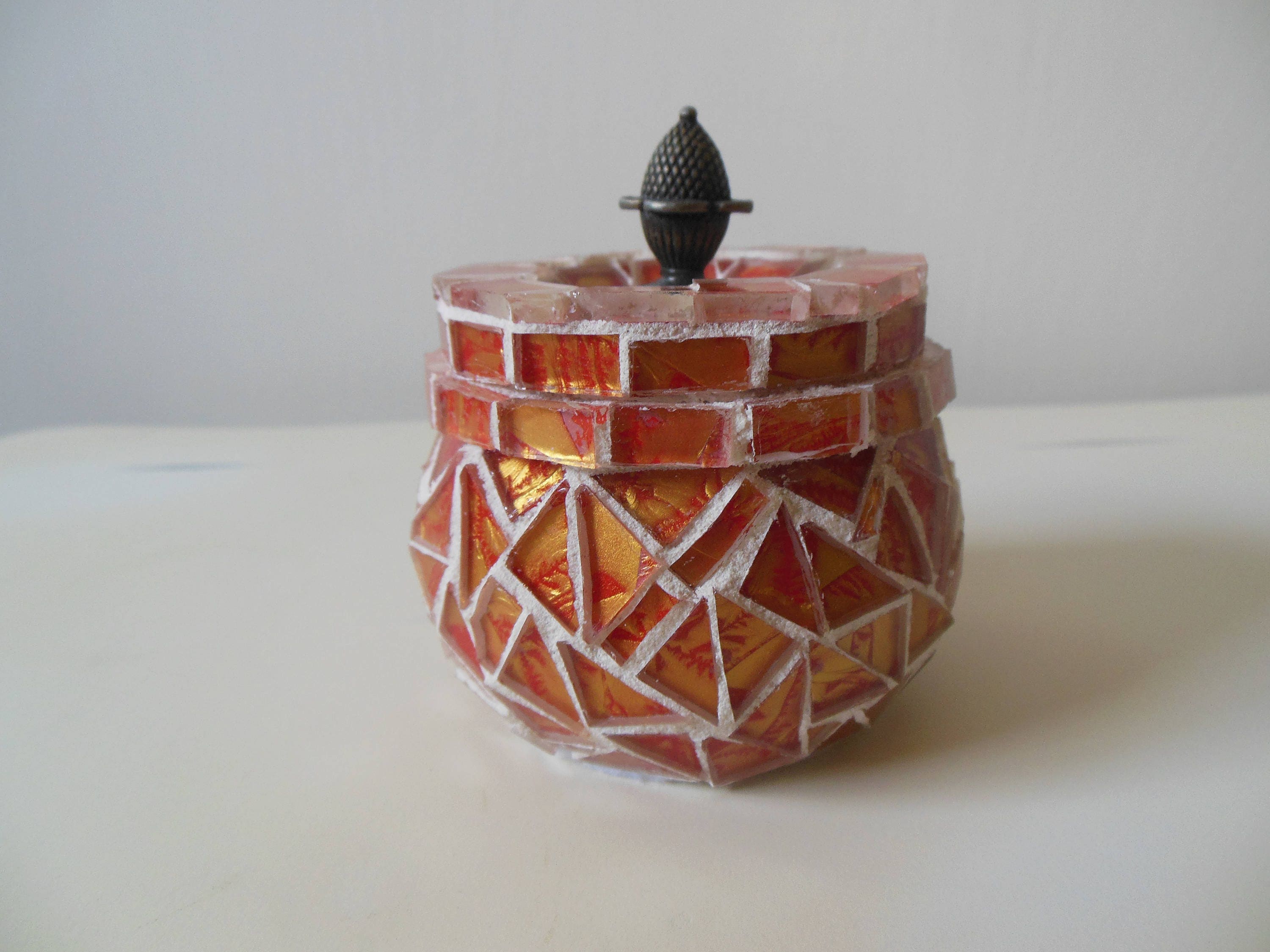 Orange And Gold Van Gogh Glass Tile Mosaic Honey Pot Rounded Trinket Orange And Gold Van Gogh Glass Tile Mosaic Honey Pot Rounded Trinket Jewelry Gift Box With Metal Finial Handle