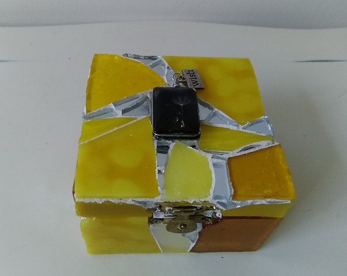 Make a Wish Preserved Dandelion Seed Yellow On a Mosaic Stained Glass and Mirror Hinged Jewelry, Trinket, Gift, Ring Box With "Wish" Charm