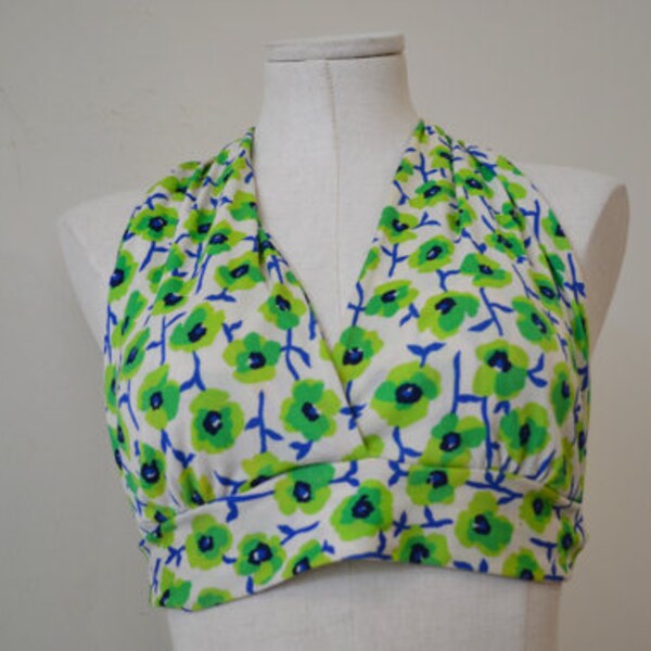 Genuine vintage 1970's Blue Green Floral pinup halter top Very Marimekko-esque