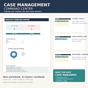 Peut inclure: Un modèle Excel numérique pour la gestion de dossiers comprenant un tableau de bord central avec le suivi des cas actifs, les priorités élevées et un graphique circulaire. Inclut des sections pour les clients, les notes et les références.