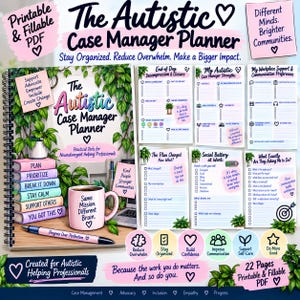 Może przedstawiać: Planer spiralny zatytułowany The Autistic Case Manager Planner ze stosem kolorowych książek, kubkiem z napisem Same Mission. Different Brain. oraz długopisem. Zawiera strony do druku dotyczące wsparcia w pracy i codziennych zadań.