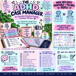 Può includere: Un'agenda digitale intitolata The ADHD Case Manager con un design adatto alle funzioni esecutive. L'immagine mostra una tazza rosa, una penna, un taccuino e un tablet, circondati da caselle di testo che descrivono le funzioni dei PDF.