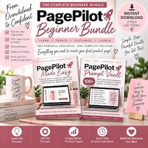 May include: The PagePilot Beginner Bundle includes two digital guides, PagePilot Made Easy and PagePilot Prompt Vault, featuring step-by-step instructions, 100+ prompts, and product page strategies. The set includes a mug and a small sign.