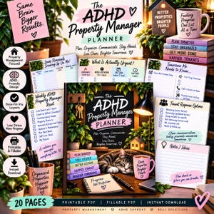 May include: A digital planner titled The ADHD Property Manager Planner with various printable pages featuring checklists for property management, tenant response options, and notes, alongside a cat illustration and motivational text.