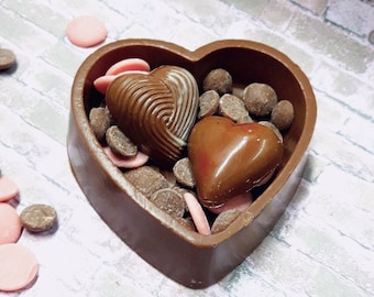 Chocolate heart box filled with 2 hearts and buttons