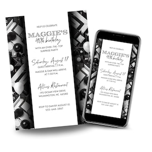 Könnte beinhalten: Schwarz-weiße Einladung zu Maggies 40. Geburtstags-Überraschungsparty. Die Einladung enthält Datum, Uhrzeit und Ort: Altins Restaurant, 195 Ocean View Drive, Wilmington, NC 66580. Ein Smartphone zeigt die gleiche Einladung.