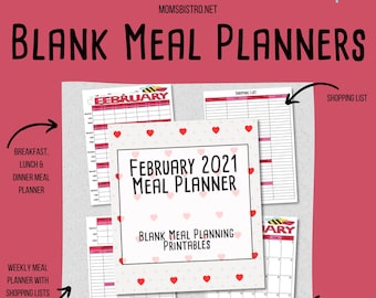 February 2021 Meal Planning Printables - Monthly Meal Plan - Weekly Meal Plan - Shopping List - Menu Planning Printables - Instant Download