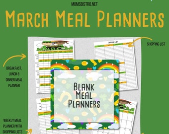 MARCH 2021 Meal Planning Printables - Monthly Meal Plan - Weekly Meal Plan - Shopping List - St. Patrick's Day Planner - Blank Menu Plan