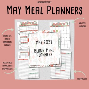 MAY 2021 Meal Planning Printables - Monthly Meal Plan - Weekly Meal Plan - Shopping List -  Blank Menu Plan