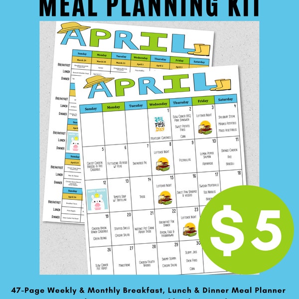 April 2020 Meal Planner | Monthly & Weekly Meal Planner w/ Grocery Lists and Cookbook | Budget Planner | Menu Plan | Easter Menu