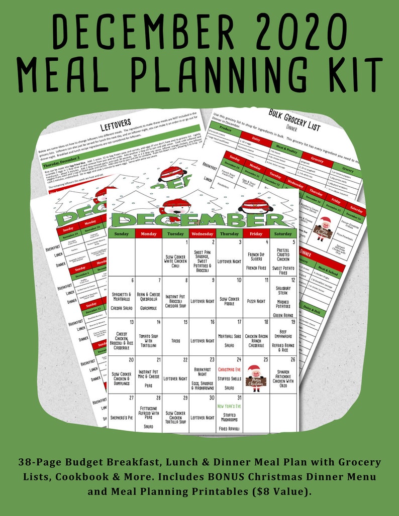 December 2020 Monthly Breakfast, Lunch and Dinner Budget Meal Planner w/ Grocery List, Cookbook, Freezer Meal Planner and More image 1