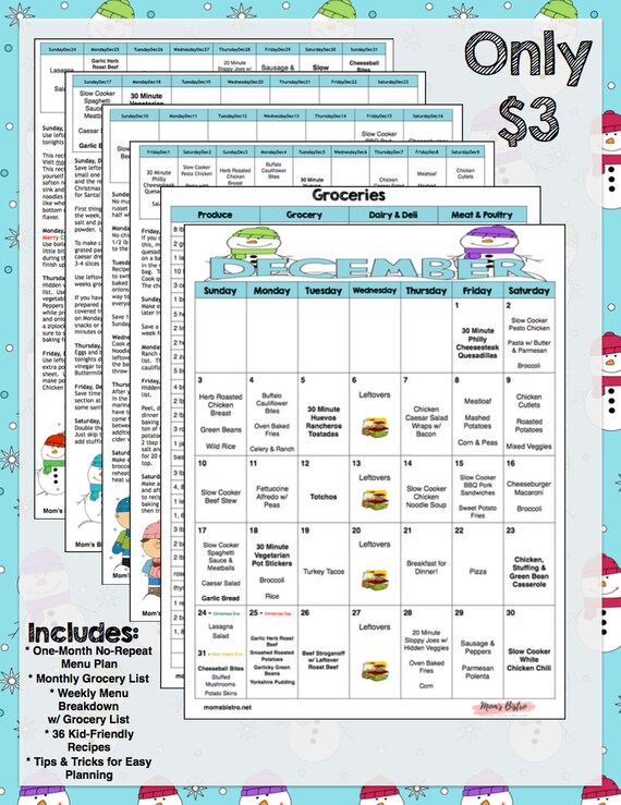 december weekly monthly menu plan meal planner w grocery etsy monthly menu planner with grocery list