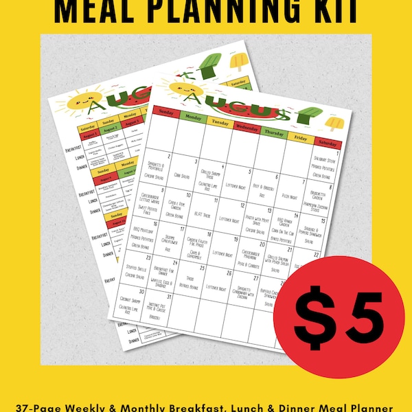 August 2020 Monthly Breakfast, Lunch and Dinner Budget Meal Planner w/ Grocery List, Cookbook, Freezer Meal Planner and More