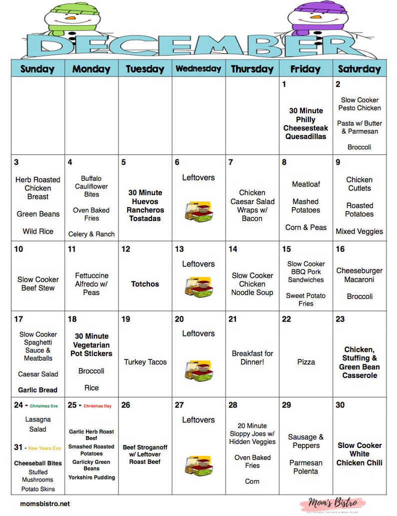 December Weekly & Monthly Menu Plan Meal Planner w/ Grocery Etsy