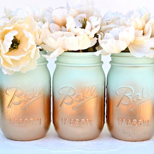 Mason Jars Bulk, Gold Mason Jars, Mint Decor, Painted Mason Jars, Dorm Decor, Spring Decor, Spring Centerpiece, Wedding Jars, Mason Jar Deco image 1