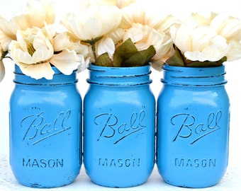 Glossy Mason Jars, Painted Mason Jars, Mason Jar Decor, Mason Jars Bulk, Baby Shower Decor, Nursery Decor, Baby Boy Decor, Blue Mason Jars