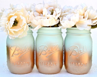 Mason Jars Bulk, Gold Mason Jars, Mint Decor, Painted Mason Jars, Dorm Decor, Spring Decor, Spring Centerpiece, Wedding Jars, Mason Jar Deco