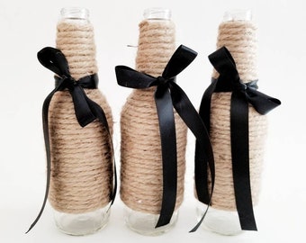 Black Tie Decor, Bachelor Decor, Dapper Decor, Black Ribbon Decor, Jute Decor, Jute Bottles, Jute Bottle Decor, Anniversary Decor