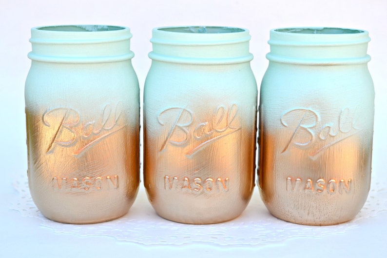 Mason Jars Bulk, Gold Mason Jars, Mint Decor, Painted Mason Jars, Dorm Decor, Spring Decor, Spring Centerpiece, Wedding Jars, Mason Jar Deco image 3