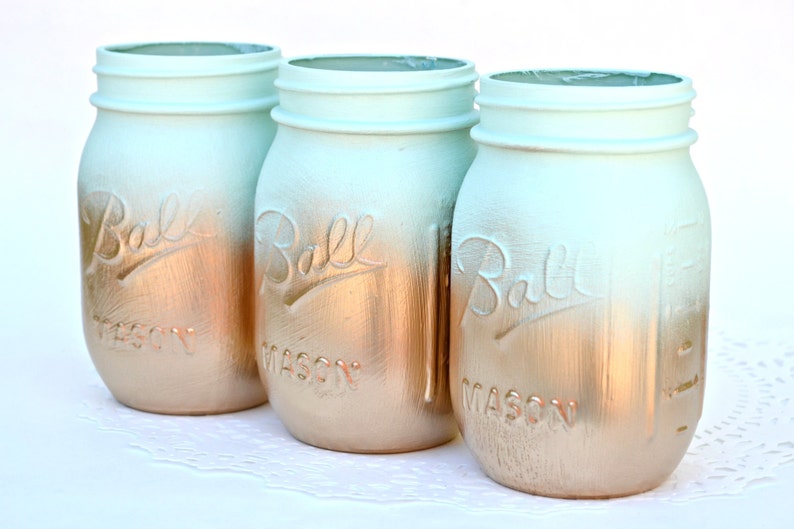 Mason Jars Bulk, Gold Mason Jars, Mint Decor, Painted Mason Jars, Dorm Decor, Spring Decor, Spring Centerpiece, Wedding Jars, Mason Jar Deco image 2