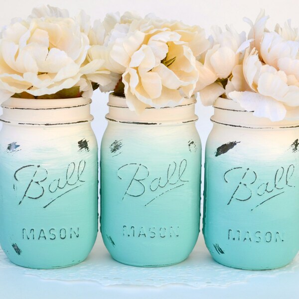 Mason Jar Decor, Painted Mason Jars, Ombre Mason Jars, Beach Decor, Mason Jars Bulk, Boho Decor, Jar Centerpiece, Teal Jars, Painted Jars