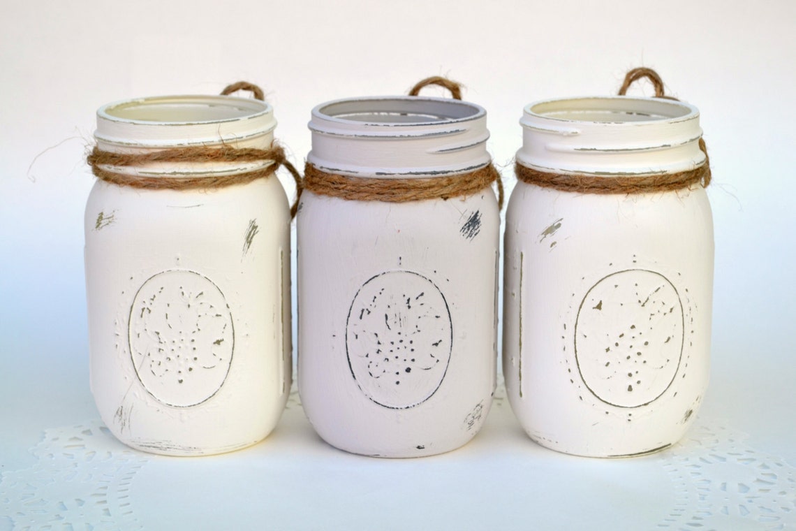 White Gray Jars Painted Mason Jars Mason Jar Decor Mason Etsy Canada