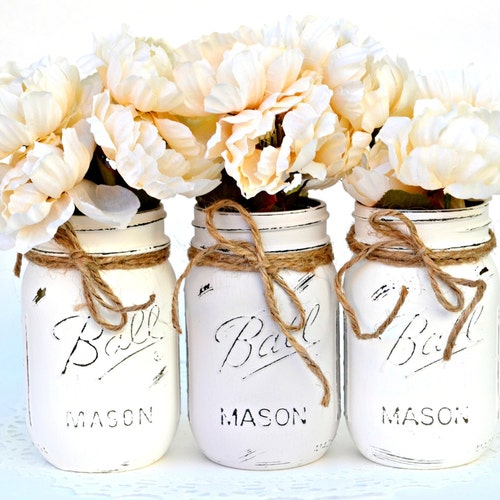 White Gray Jars Painted Mason Jars Mason Jar Decor Mason Etsy Canada