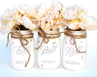 Painted Mason Jars, White Mason Jars, Bulk Mason Jars, Wedding Jars, Jar Centerpieces, Chic Centerpieces, Chic Bottle Decor, Mason Jar Decor