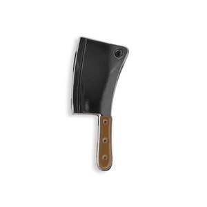 May include: A black metal cleaver with a brown wooden handle. The cleaver has a rounded blade and a small hole near the top of the blade.