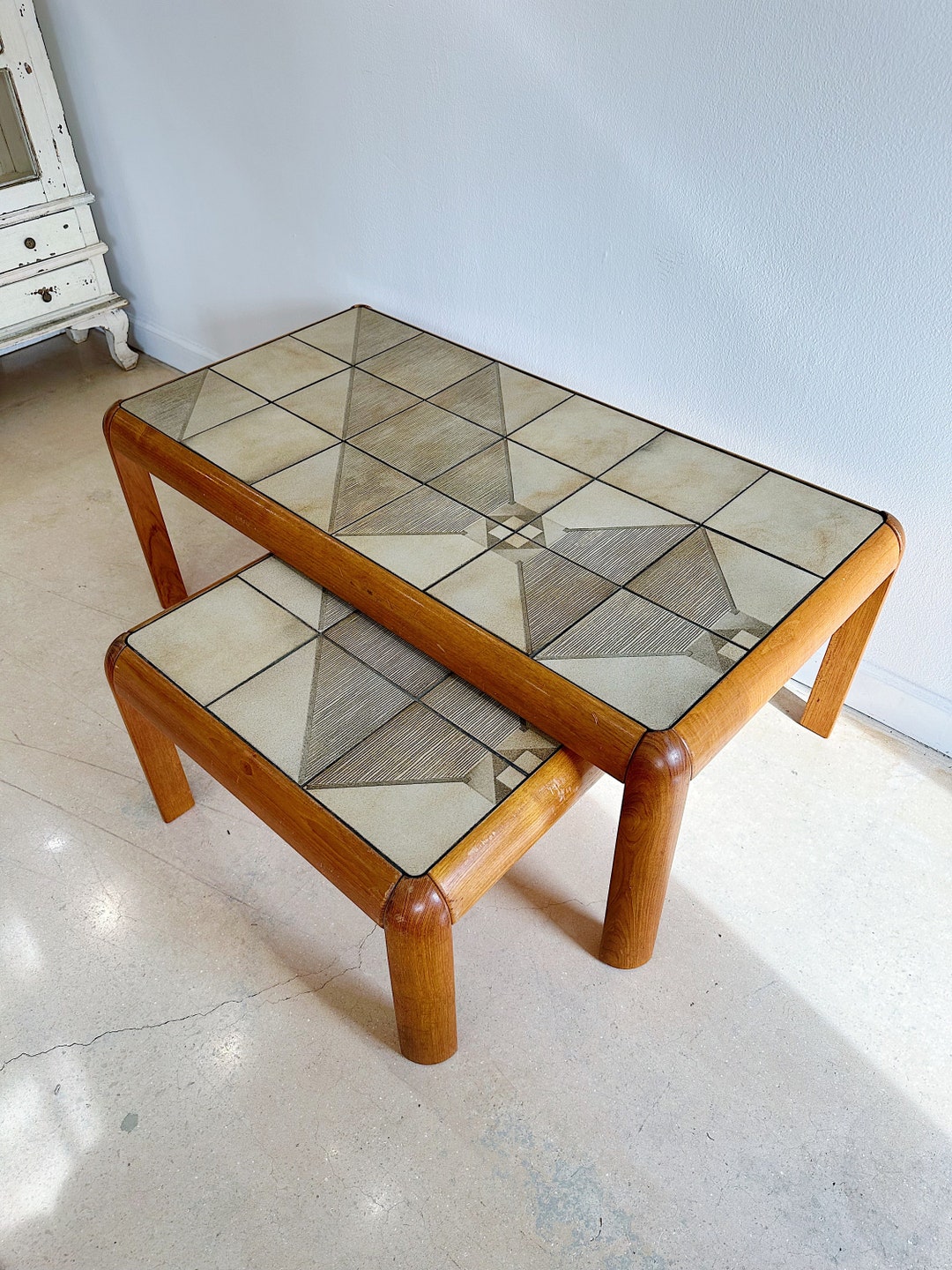 MCM Danish Teak & Tile Coffee Table Set Etsy