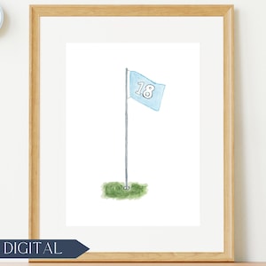 Akwarela 18th Hole Golf Flag i Hole Dekoracja pokoju dziecięcego Sztuka Wydruk | Niebieski wystrój pokoju dziecięcego | Sztuka ścienna dla chłopca | Sztuka pokoju dziecięcego sportowego | CYFROWE